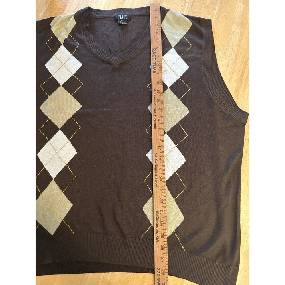 Trust 2XL Brown Argyle Sweater Vest V Neck Preppy Golf Grandpa Core Knit Top